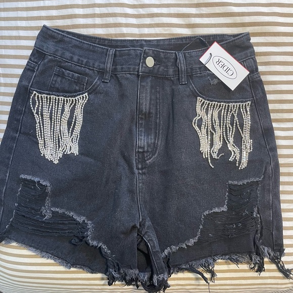 Brand New Black Denim Rhinestone Detail Shorts - Picture 1 of 2